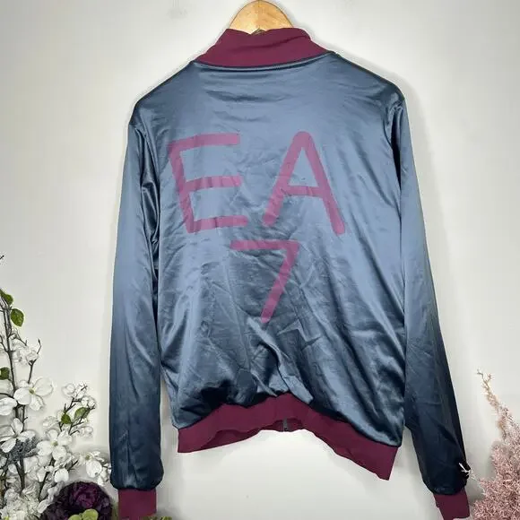 EMPORIO ARMANI Reversible Bomber Jacket Satin Gray Maroon Sz L $995